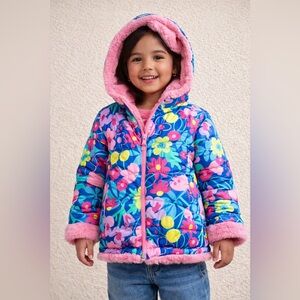 Toddler Girl Floral Puffer Jacket Pink Fleece Lined Hooded Size 3T